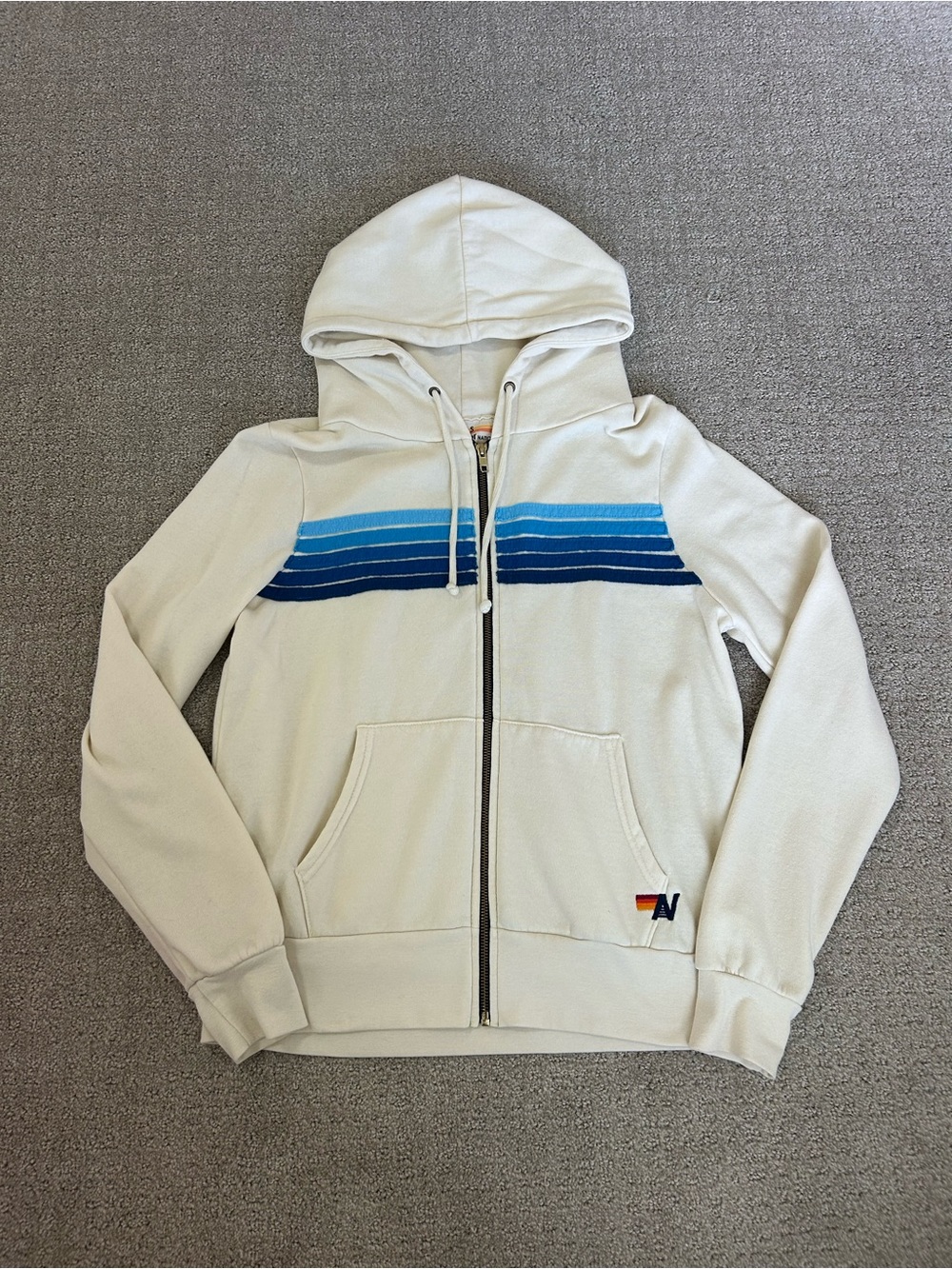 Aviator Nation Cream Zip-Up Hoodie with Blue Stripe Detail Size Small